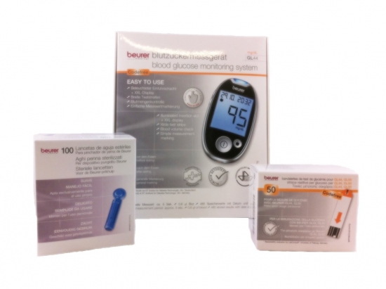 Beurer Starterset:1x Beurer Gl 44 Blutzuckermessgert mg/dl 1x Beurer Gl 44/50 Teststreifen 50 Stck 1x Beurer sterile Lanzetten 100 Stk.
