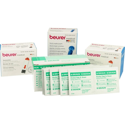 Beurer Gl 44/50 RWmedical 1 Monat Sparset: Beurer Gl 44/50 Teststreifen 100 Stk. 1x Beurer sterile Nadel Lanzetten 100 Stk. 1x Alcohol Pads B.Braun 100 Stk.