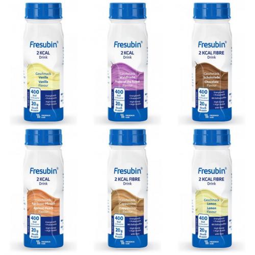 Fresubin 2 kcal Probier Set 6x200ml 1x Aprikose-Pfirsich, 1x Vanille, 1x Waldfrucht, 1x fibre Cappuccino, 1x fibre Lemon, 1x fibre Schokolade