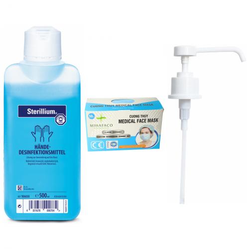 Infektionsschutz Set 1 - Sterillium 100 ml + 500 ml + Pumpe + Mundschutz 4 lagig